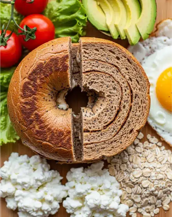 Close-up of a protein bagel with visible oat flour and cottage cheese ingredients - macro tracking protein bagels