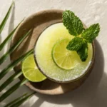 A chilled glass with sugared rim, mint, and golden glow