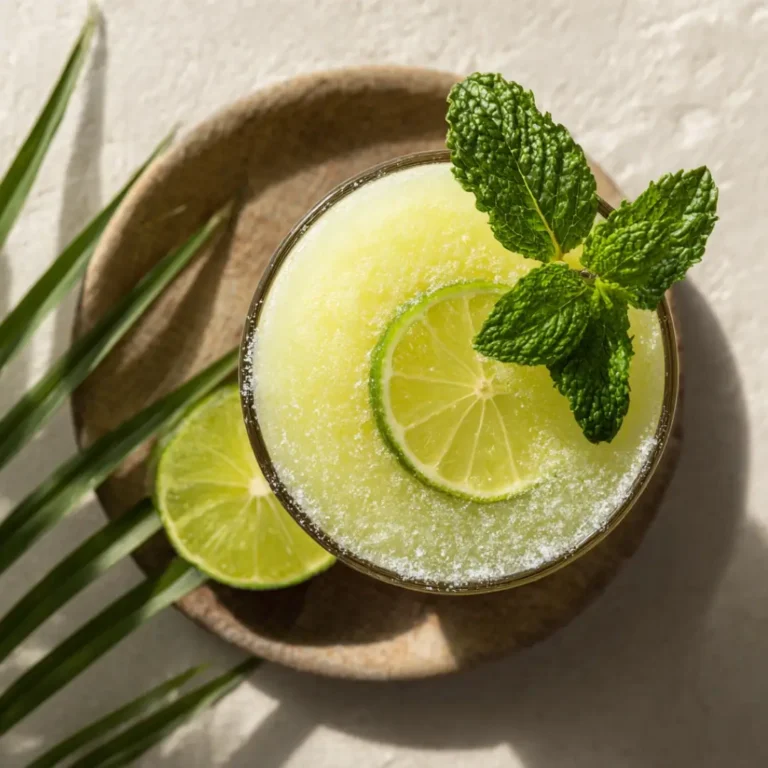 A chilled glass with sugared rim, mint, and golden glow