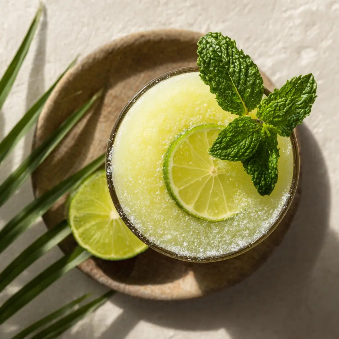 A chilled glass with sugared rim, mint, and golden glow