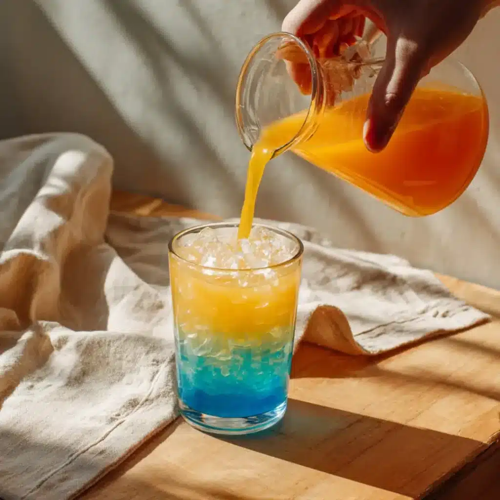 Blue Citrus Cooler Recipe (A Sunny Sip Without the Buzz) Blue Citrus Cooler Recipe A hand pouring orange juice into Blue Curacao over ice