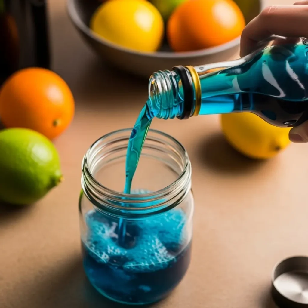 A cocktail with blue curacao being poured into a mixing glass