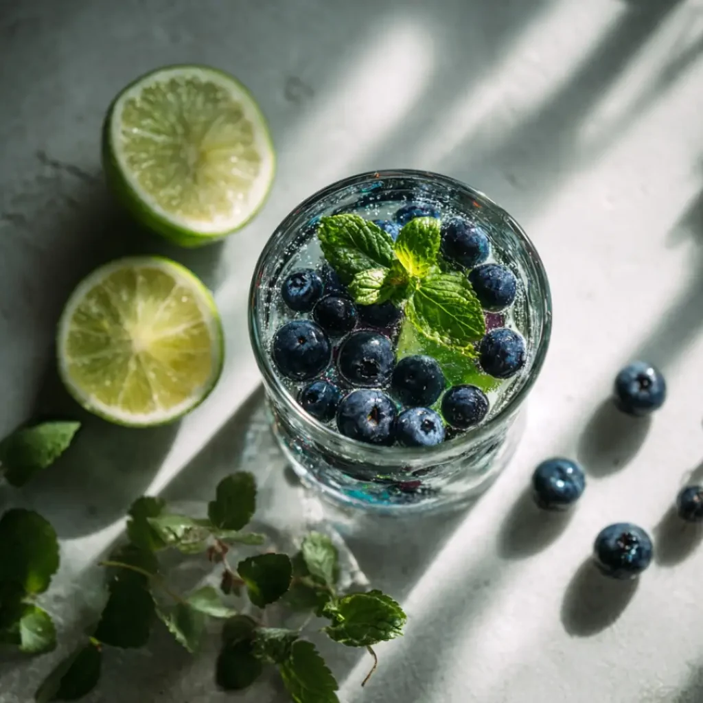 A hand muddling blueberries and mint in a glass Blueberry Dream Mocktail