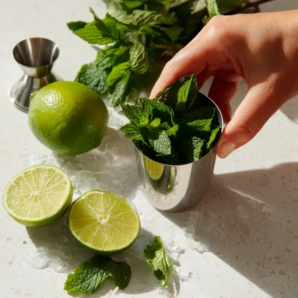 A hand muddling mint into a cocktail shaker on a prep counter