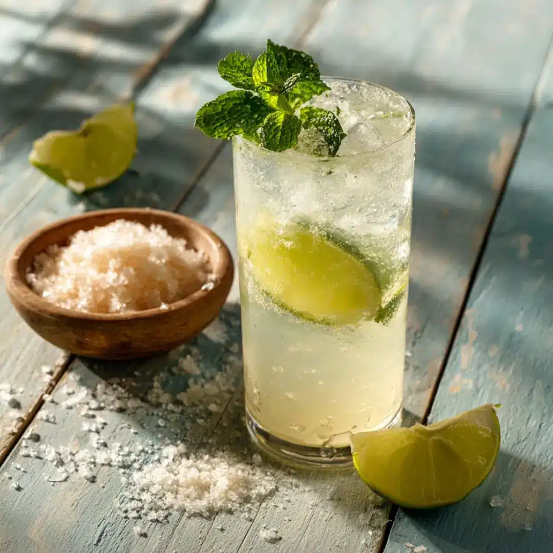 A highball glass of Ocean Fizz with mint, lime, and sea salt rim