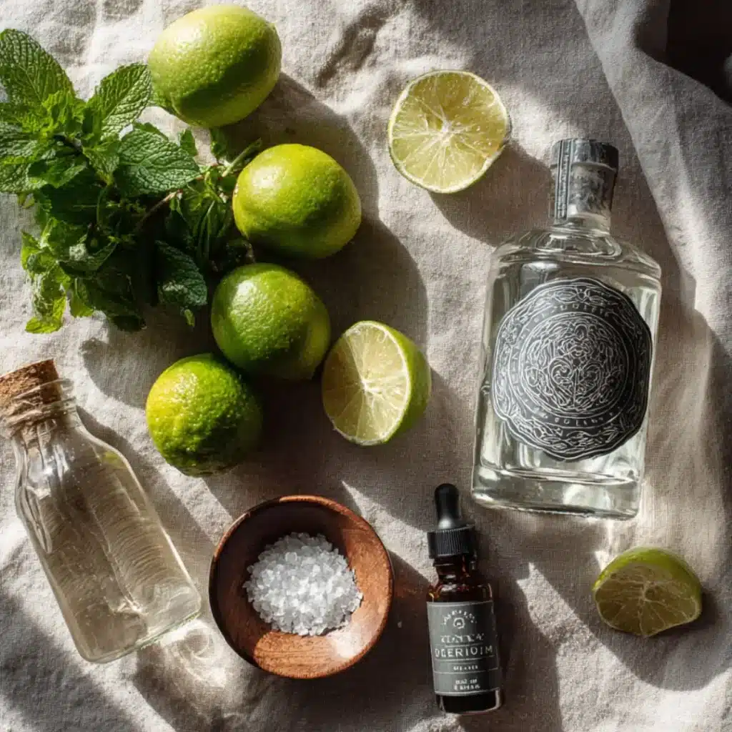 Flat lay of gin, lime, bitters, mint, sea salt, and soda