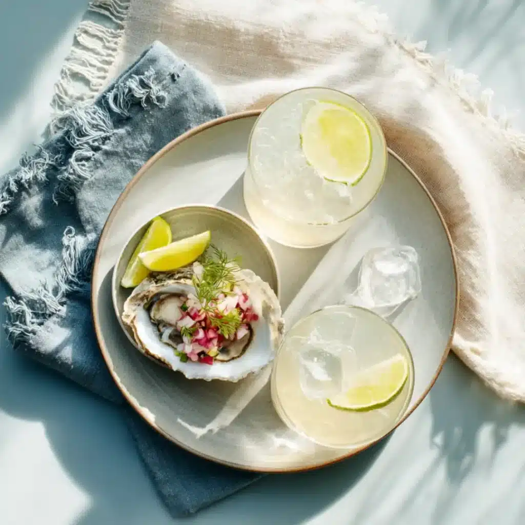 Ocean Fizz in chilled glasses beside oysters and sea snacks