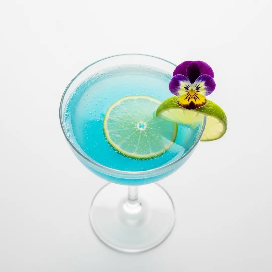 5 Easy Blue Curacao Mocktail Recipes (No Alcohol) blue curacao mocktail recipes Blue Ocean Fizz mocktail topped with edible flower in a stemmed glass