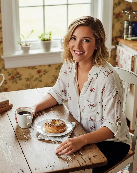 Olivia sharing a bagel at her kitchen table