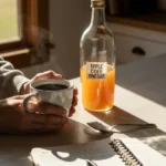 Hand holding coffee next to ACV bottle and baking soda on kitchen counter
