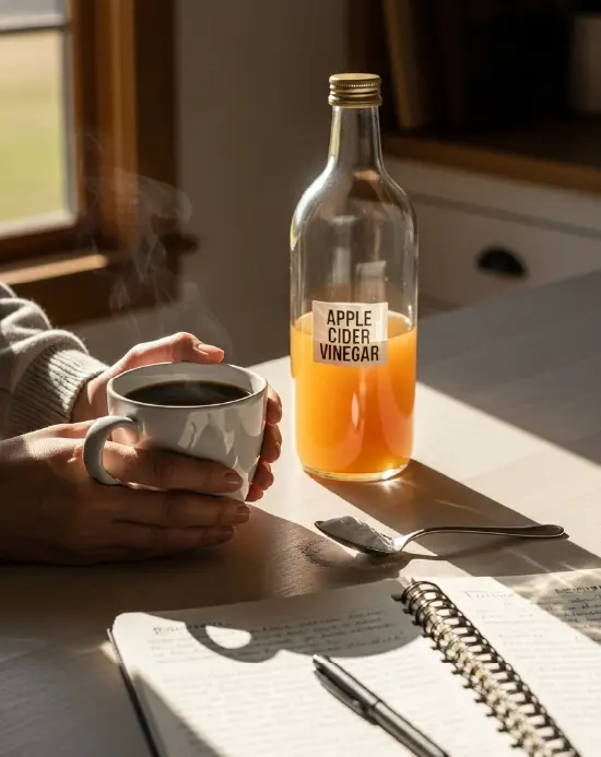 Baking Soda vs Apple Cider Vinegar: Which One Helps Bloating More? baking soda vs apple cider vinegar Hand holding coffee next to ACV bottle and baking soda on kitchen counter