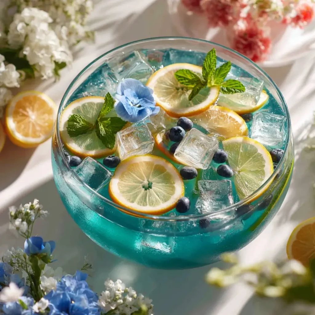 A punch bowl surrounded by citrus slices and edible flower ice cubes