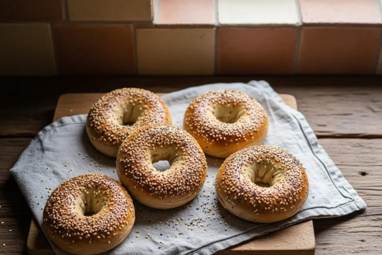Freshly baked homemade protein bagels on a rustic kitchen counter
