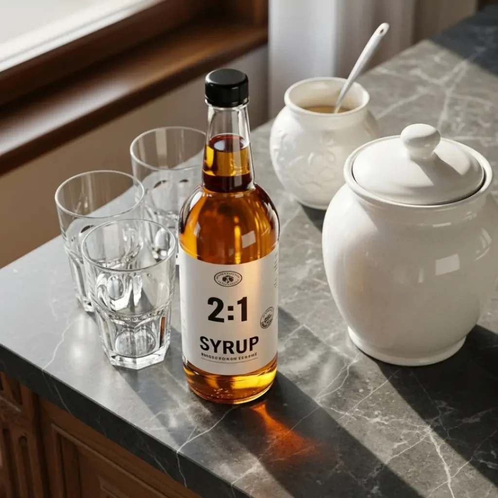Simple Syrup 101: Complete Beginner’s Guide Simple Syrup Rich syrup in a small pour bottle labeled “2:1 Simple Syrup”