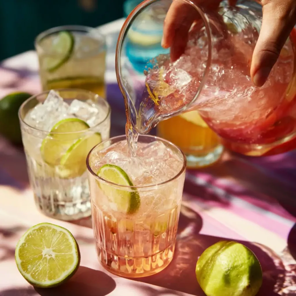 A large clear pitcher pouring blue punch into ice-filled glasses