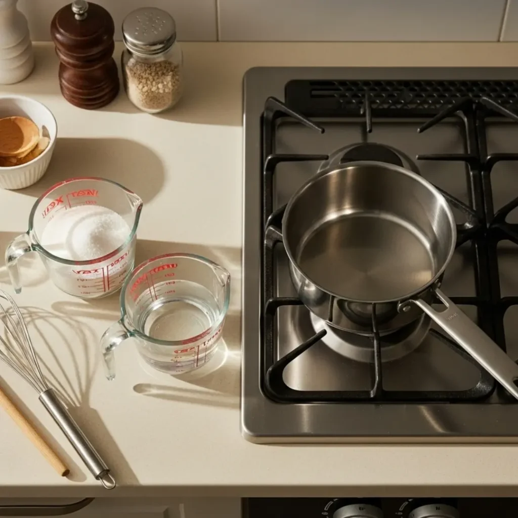 Simple Syrup 101: Complete Beginner’s Guide Simple Syrup Sugar and water measured out beside a small saucepan on a stove