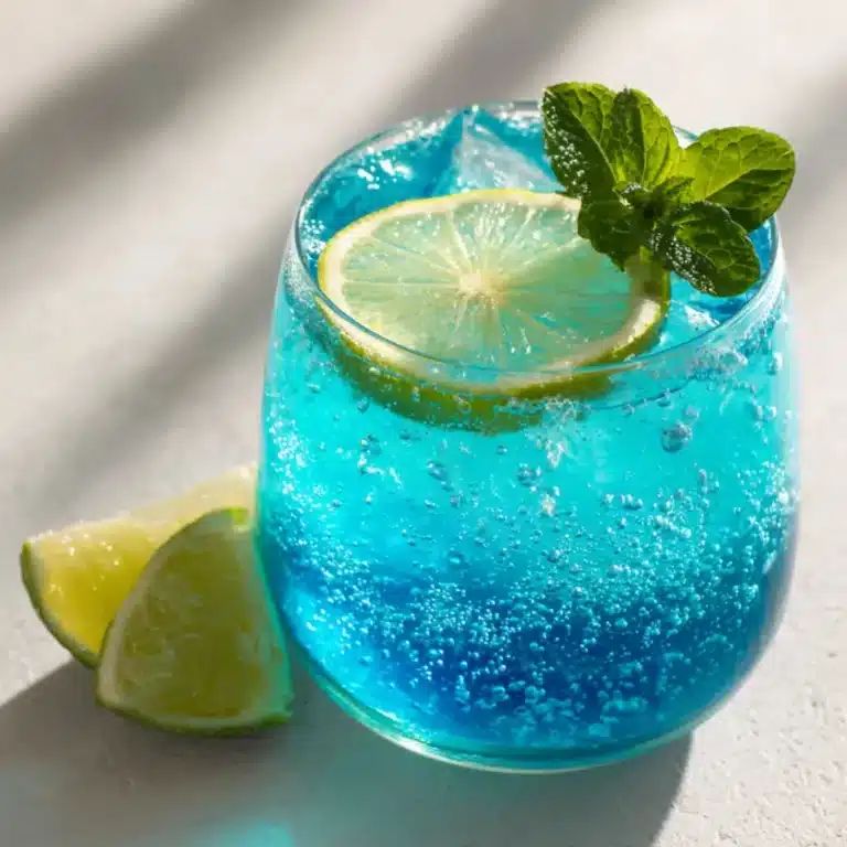 A punch glass filled with vibrant Sparkling Curacao Punch garnished with mint and lime