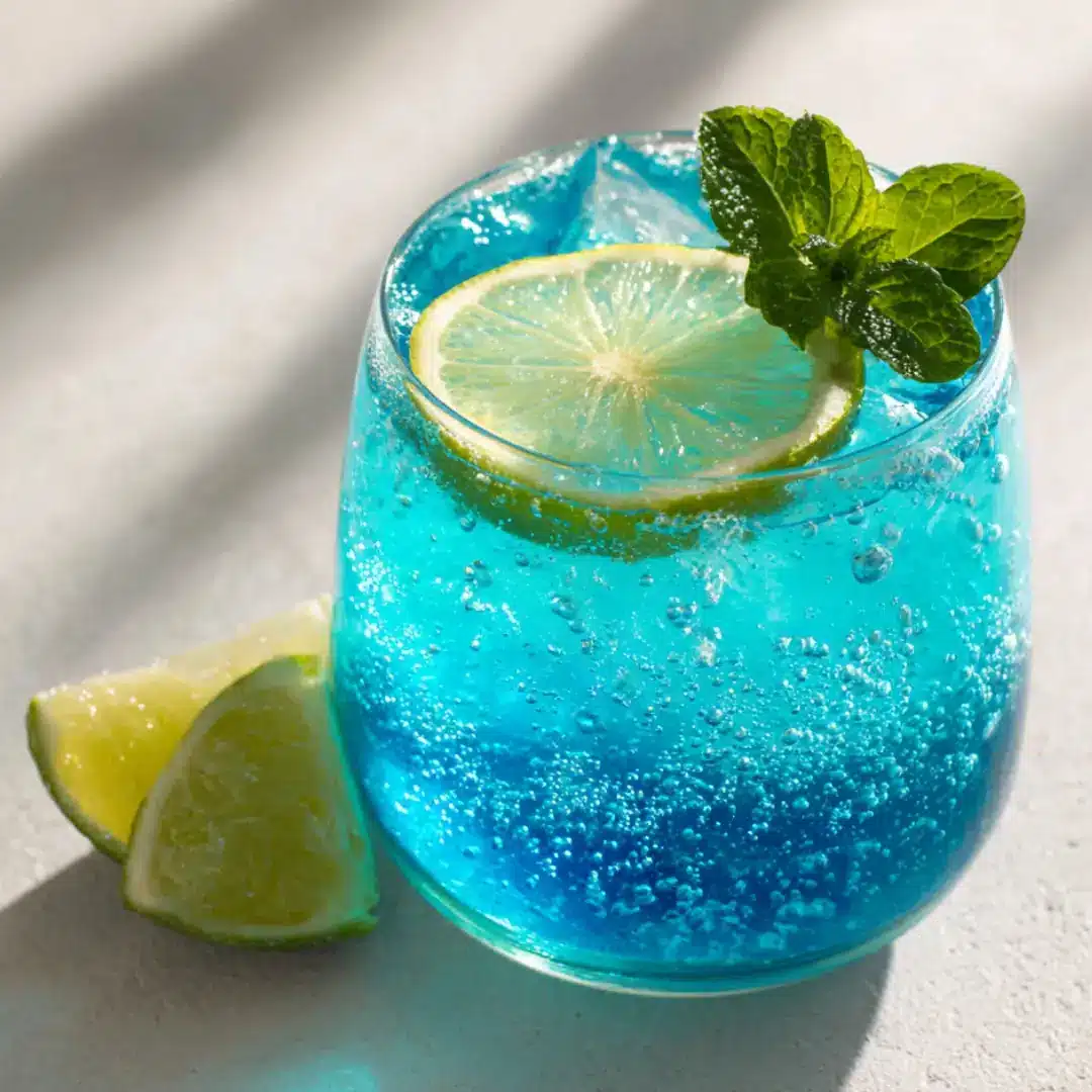 A punch glass filled with vibrant Sparkling Curacao Punch garnished with mint and lime