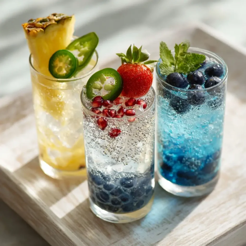 Three glasses of Sparkling Curacao Punch with colorful garnishes