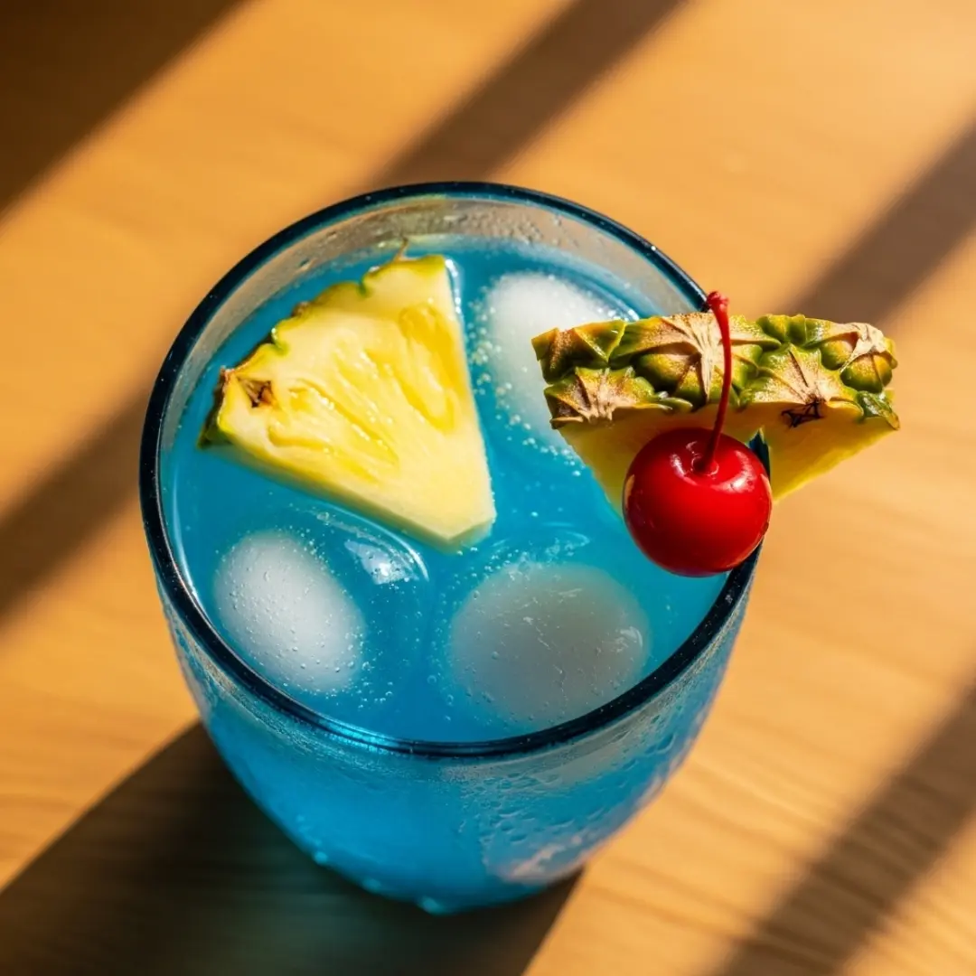 5 Easy Blue Curacao Mocktail Recipes (No Alcohol) blue curacao mocktail recipes Punch glass filled with pineapple ginger Blue Curacao mocktail