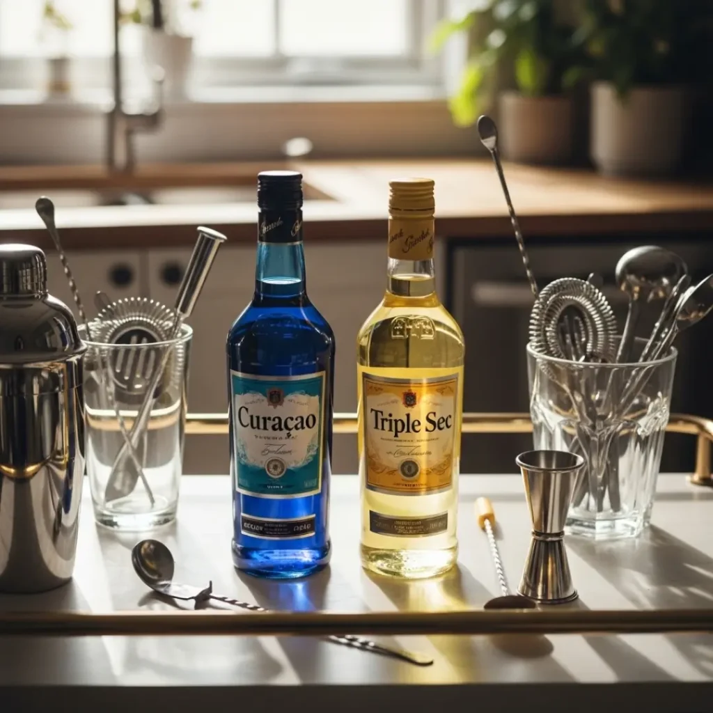 Cocktail bar shelf with both curacao and triple sec bottles neatly placed Blue Curacao vs Triple Sec