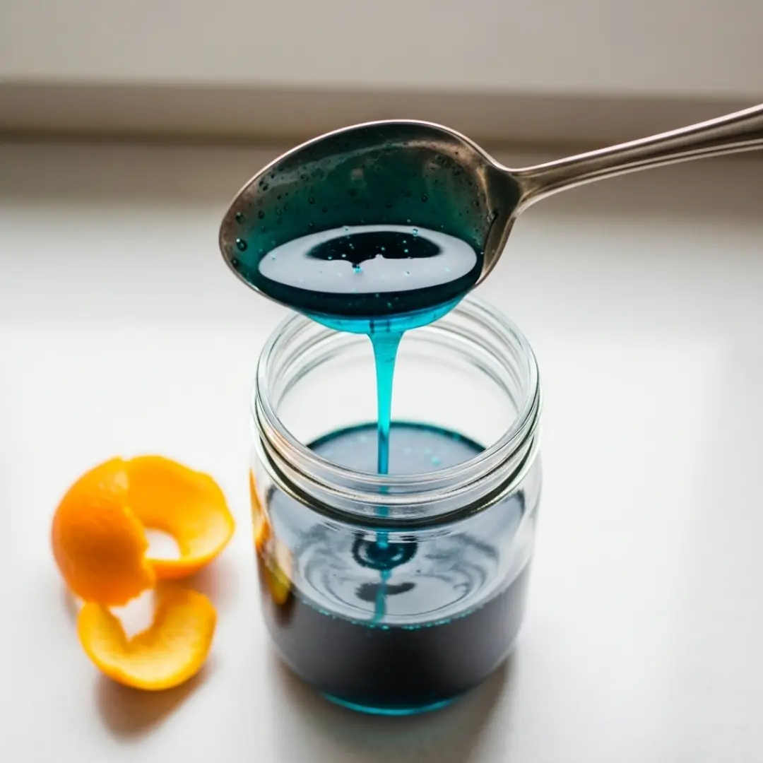 A swirl of bright blue syrup in a spoon over a glass jar