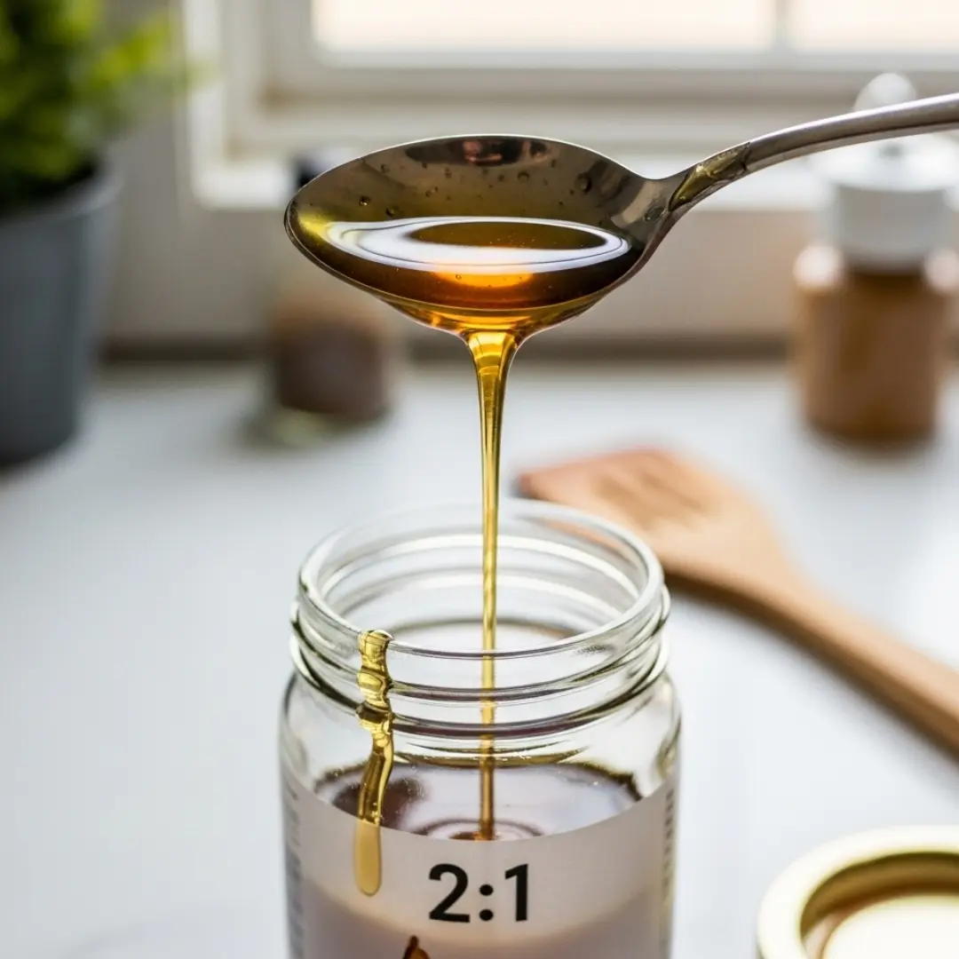 Simple Syrup Ratios: 1:1 vs 2:1 and When to Use Them Simple Syrup Ratio Thick 2:1 syrup dripping off a wooden spoon over a jar