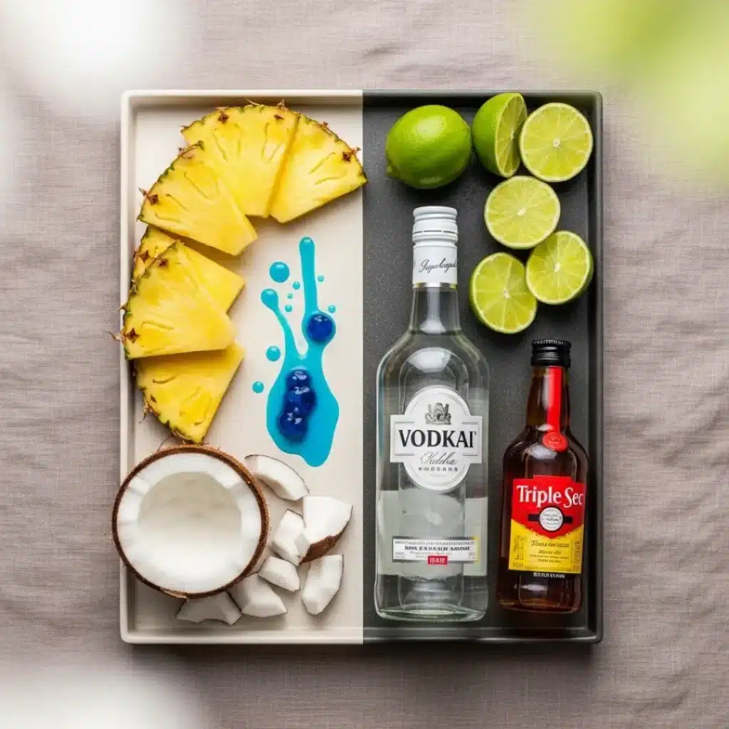 Flat lay of ingredients for two cocktails: one tropical, one classic - Blue Curacao vs Triple Sec