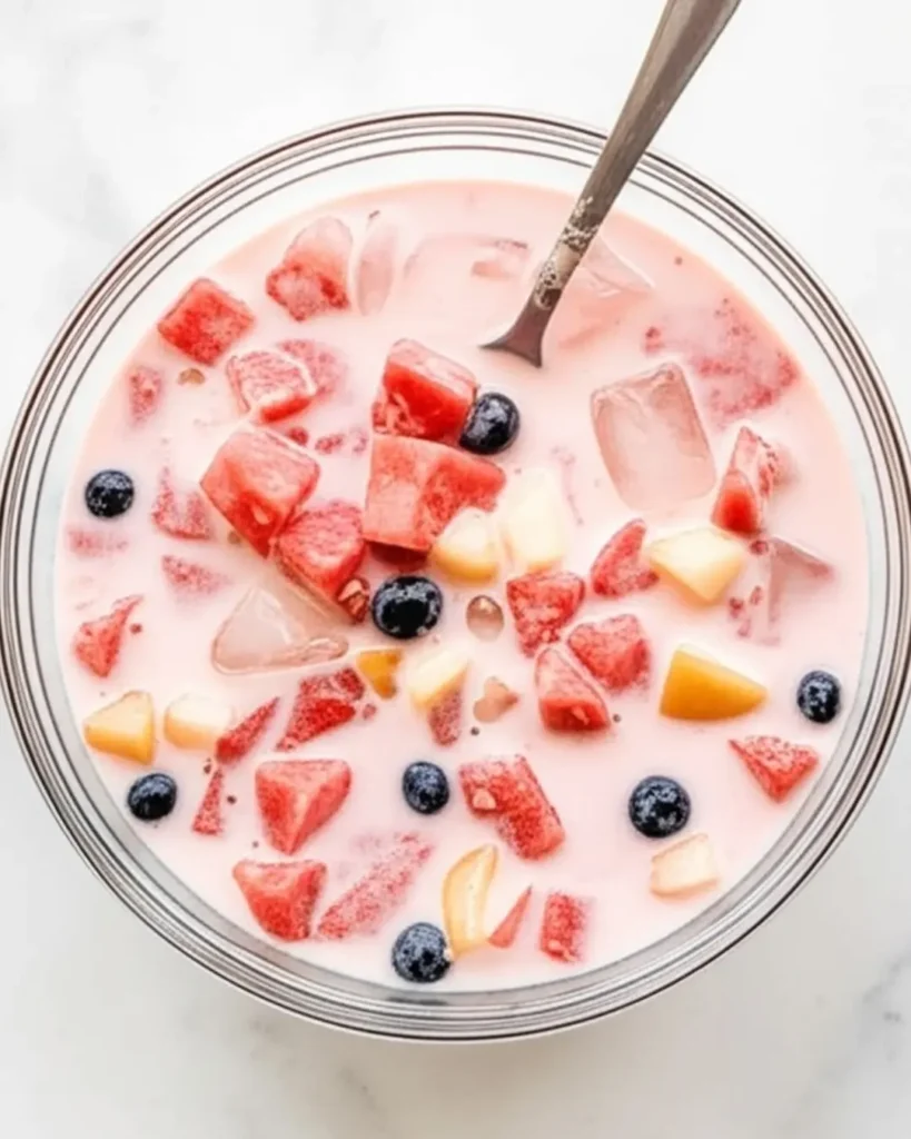 Hwachae Recipe: The Ultimate Korean Summer Fruit Punch You Need to Try Hwachae Recipe Hwachae Recipe -Bowl of creamy Filipino fruit salad punch with ice cubes and fresh berries