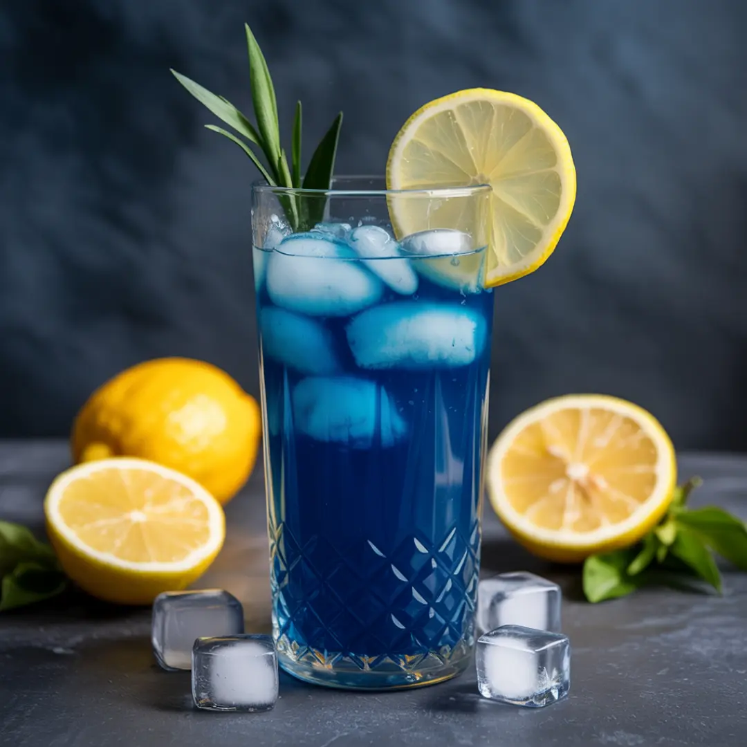 Home heritage recipes A tall glass of refreshing blue spirulina lemonade, filled with crushed ice and garnished with a fresh lemon slice, served as a healthy weight loss drink.