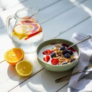 Home heritage recipes A healthy breakfast of a vibrant yogurt bowl with fresh berries and granola, next to a glass pitcher of lemon and orange infused water.