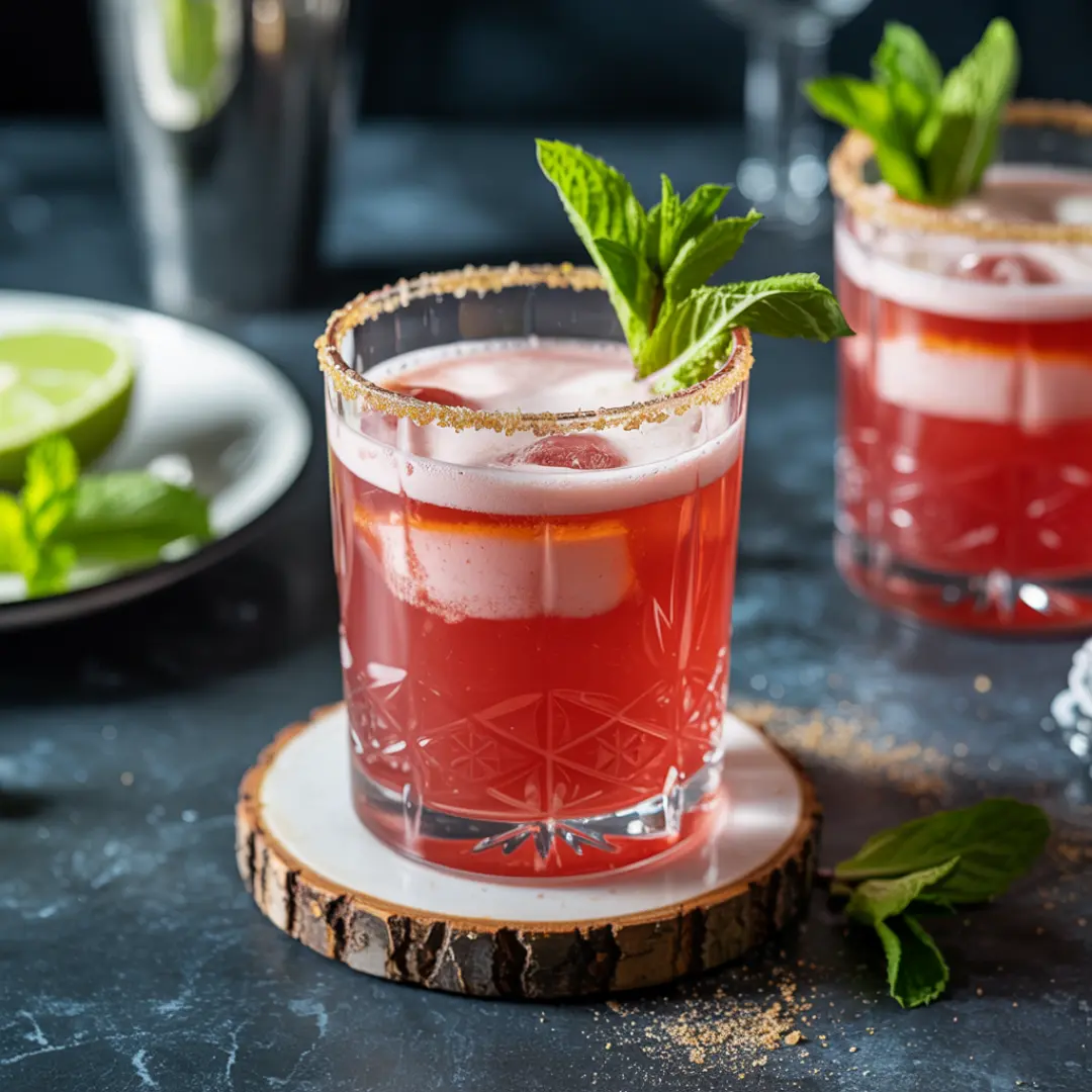 Home heritage recipes A creative layered mocktail in a vintage-style glass, featuring a sugared rim and a fresh mint garnish, representing a heritage kitchen hack.