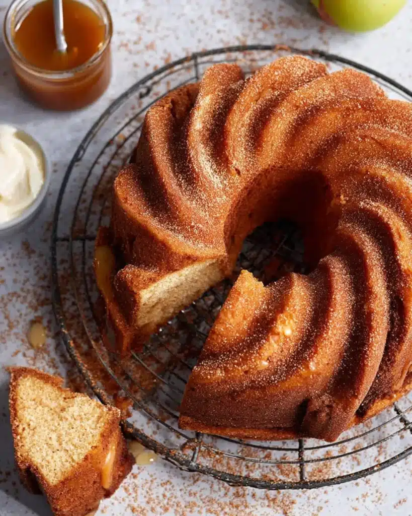Sliced Fall Bundt Cake showing moist interior with streusel layer