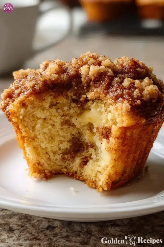 in a whit dish a piece of an Apple Cinnamon Streusel Muffin