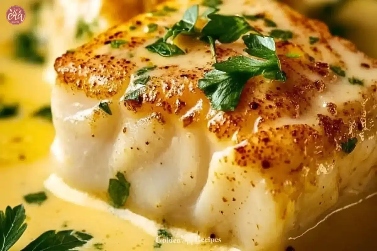 Baked cod fillets served with coconut lemon cream sauce on a plate