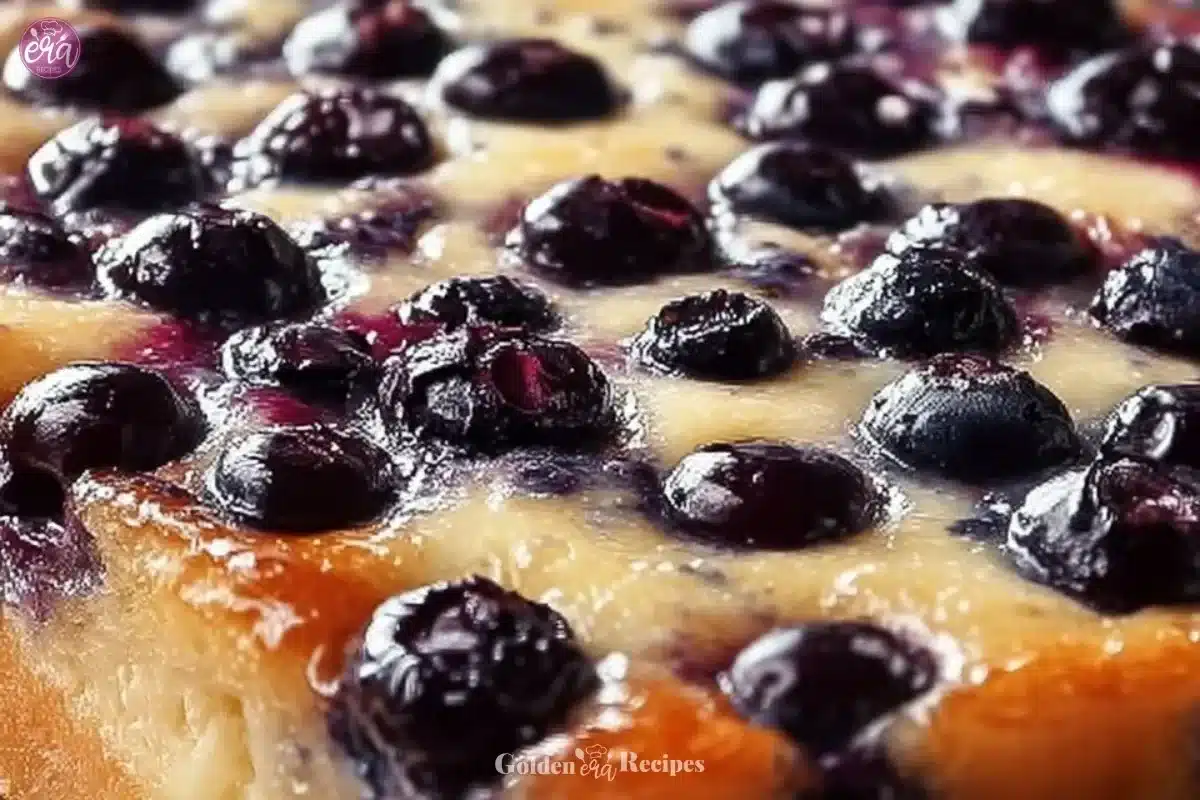 Blueberry cottage cheese breakfast bake served in a dish, topped with fresh blueberries.