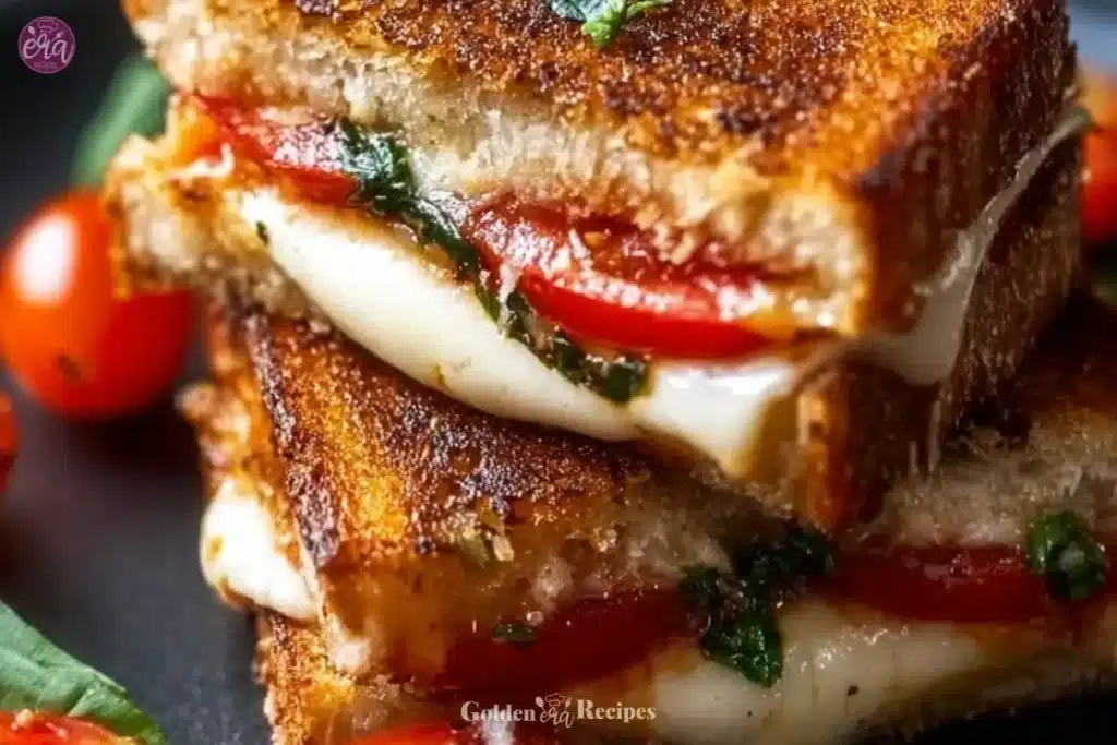 Caprese Grilled Cheese: Fresh, Cheesy Comfort Sandwich 1 Delicious Caprese Grilled Cheese sandwich with basil, tomatoes, and mozzarella
