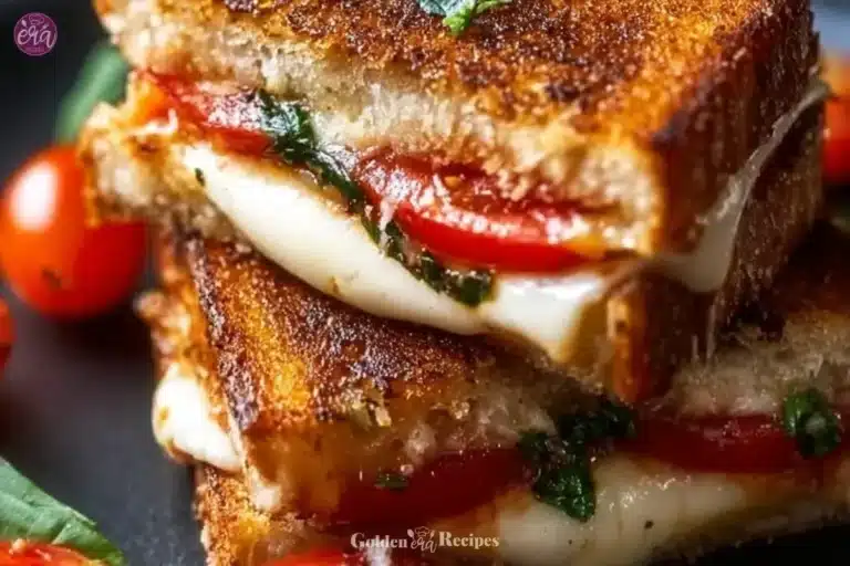 Delicious Caprese Grilled Cheese sandwich with basil, tomatoes, and mozzarella