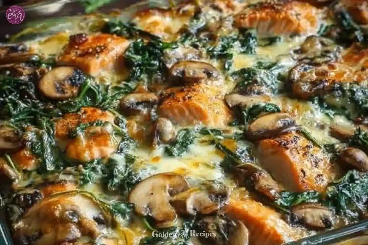 Low carb chicken spinach mushroom oven dish served on a plate