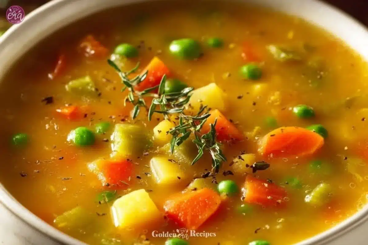Bowl of comforting one-pot creamy vegetable soup with fresh vegetables