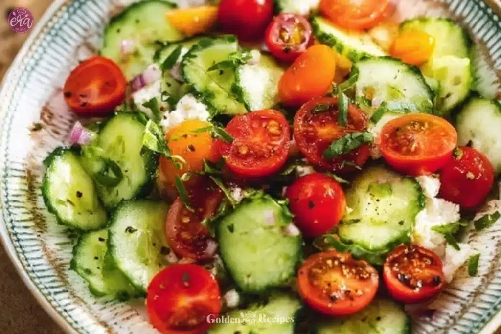 Easy Cucumber Cottage Cheese Salad 1 Cottage cheese salad with fresh vegetables and herbs in a bowl