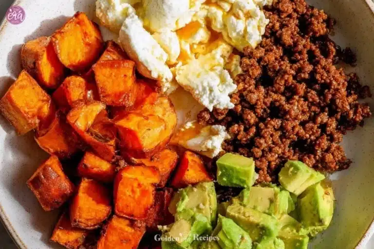 Cottage cheese sweet potato beef bowl with vibrant colors and textures.