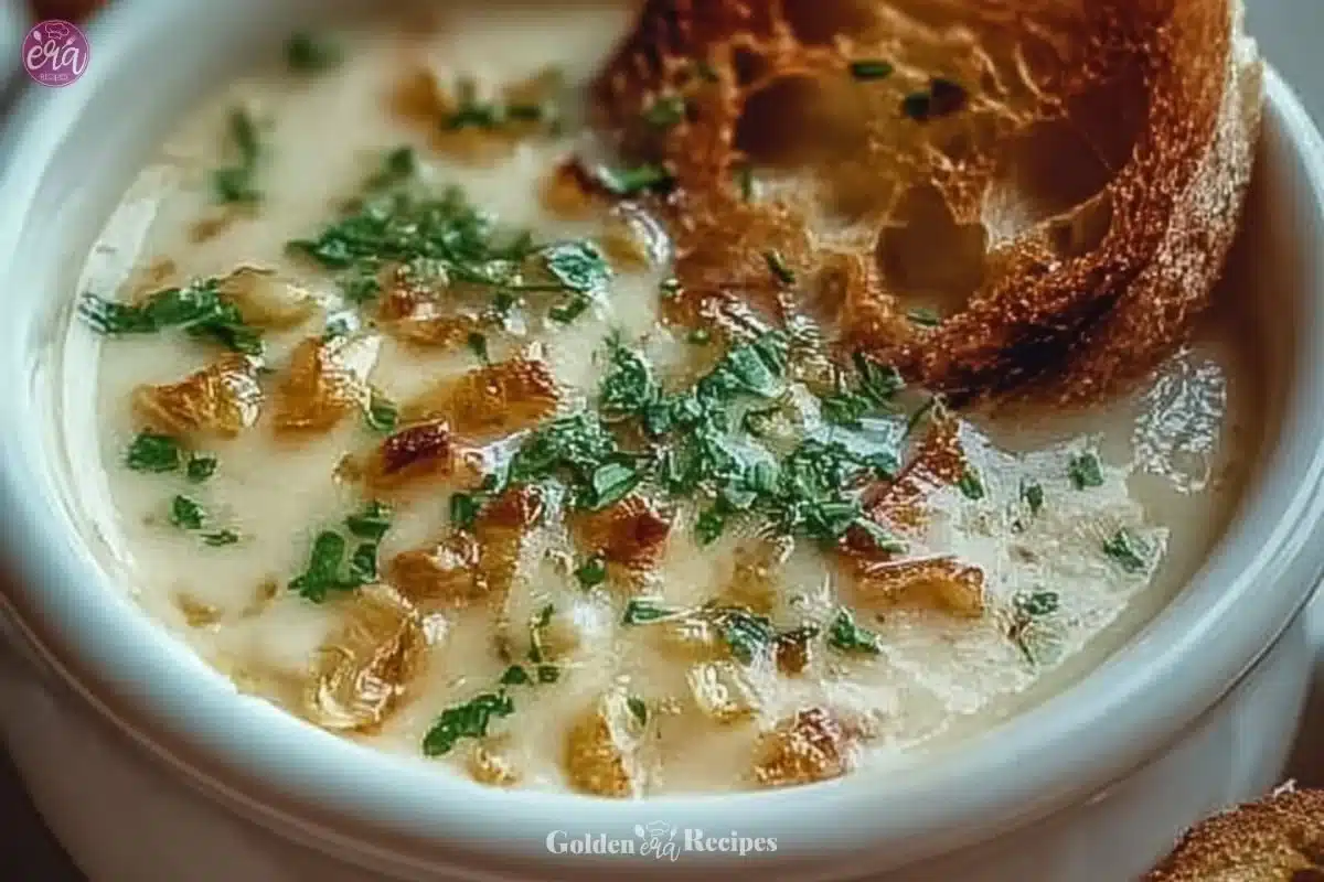 Bowl of Country French Garlic Soup featuring garlic cloves and herbs.