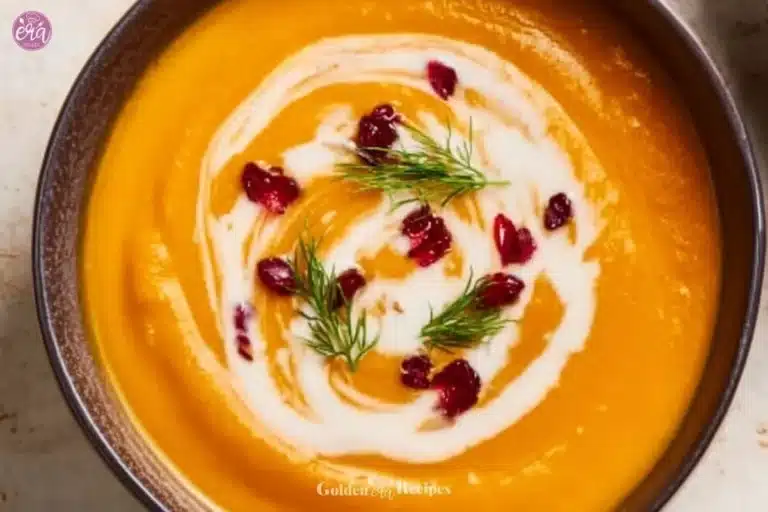 Bowl of creamy carrot and sweet potato soup garnished with herbs