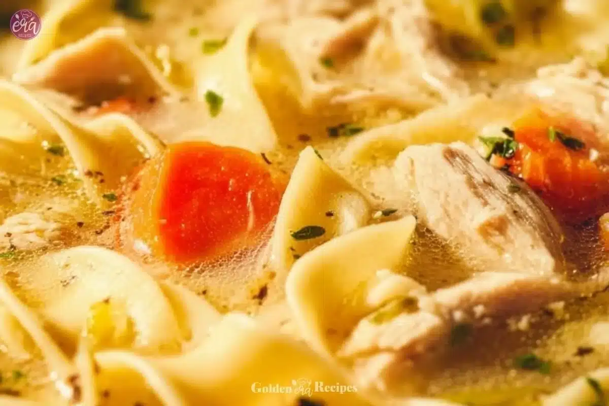 A serving of creamy chicken noodle soup in a bowl garnished with herbs