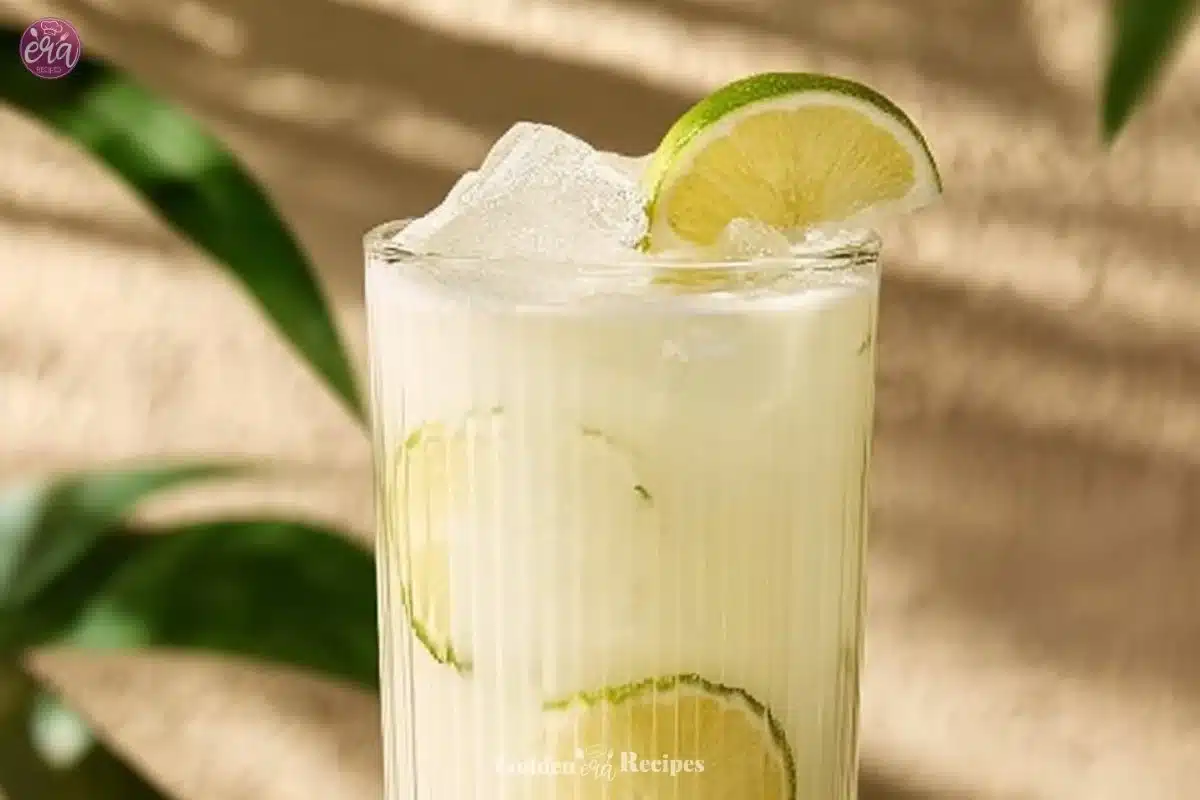 Creamy coconut milk Brazilian lemonade served in a glass with a lime wedge