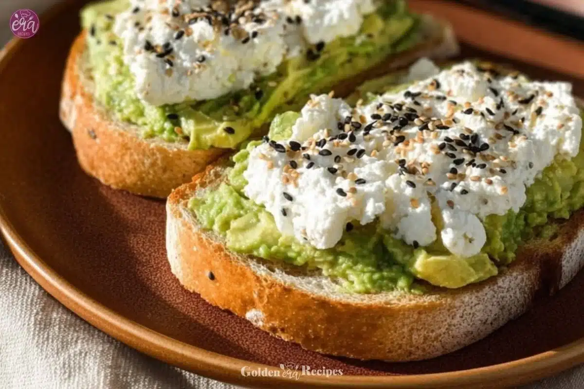 Creamy cottage cheese avocado toast topped with herbs on whole grain bread.