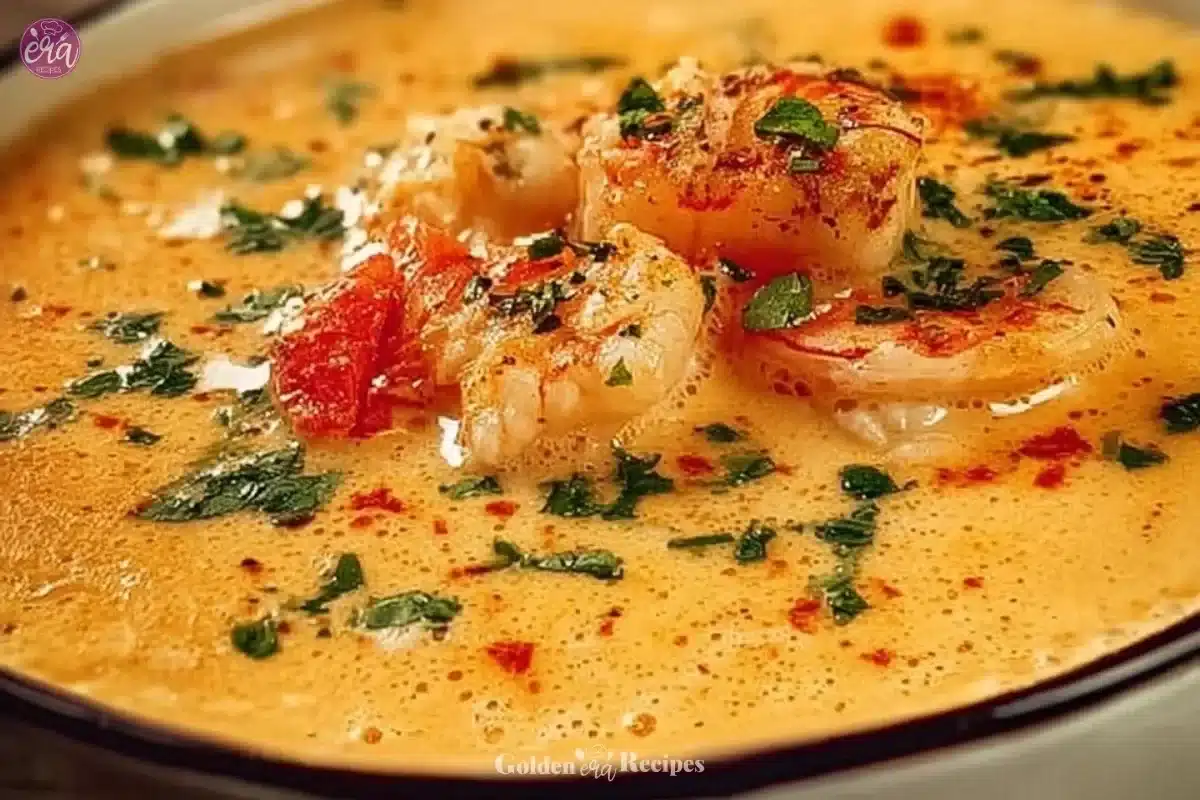 Creamy crab and shrimp seafood bisque in a bowl garnished with herbs