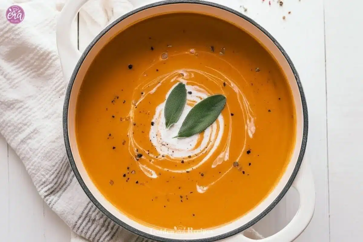 Creamy vegan pumpkin lentil soup in a pot, garnished with herbs