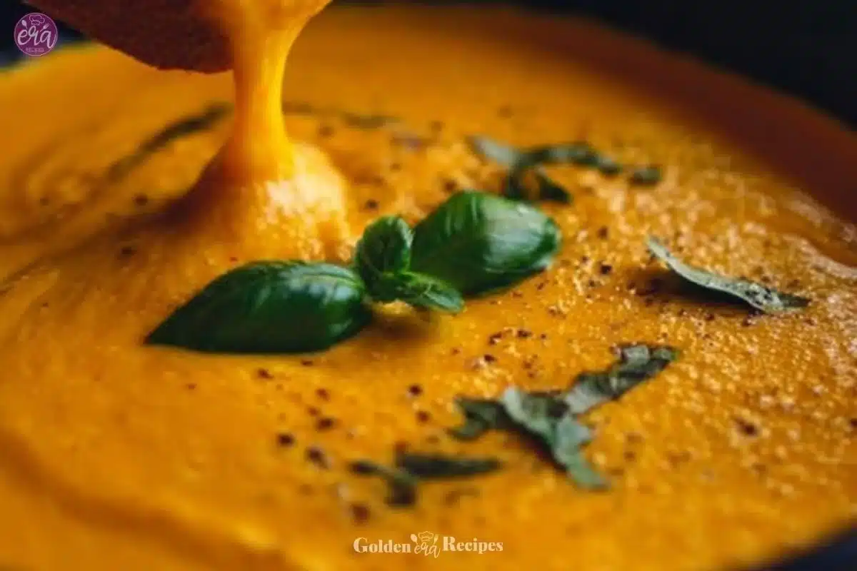 Bowl of creamy roasted veggie soup topped with fresh herbs and served with crusty bread.